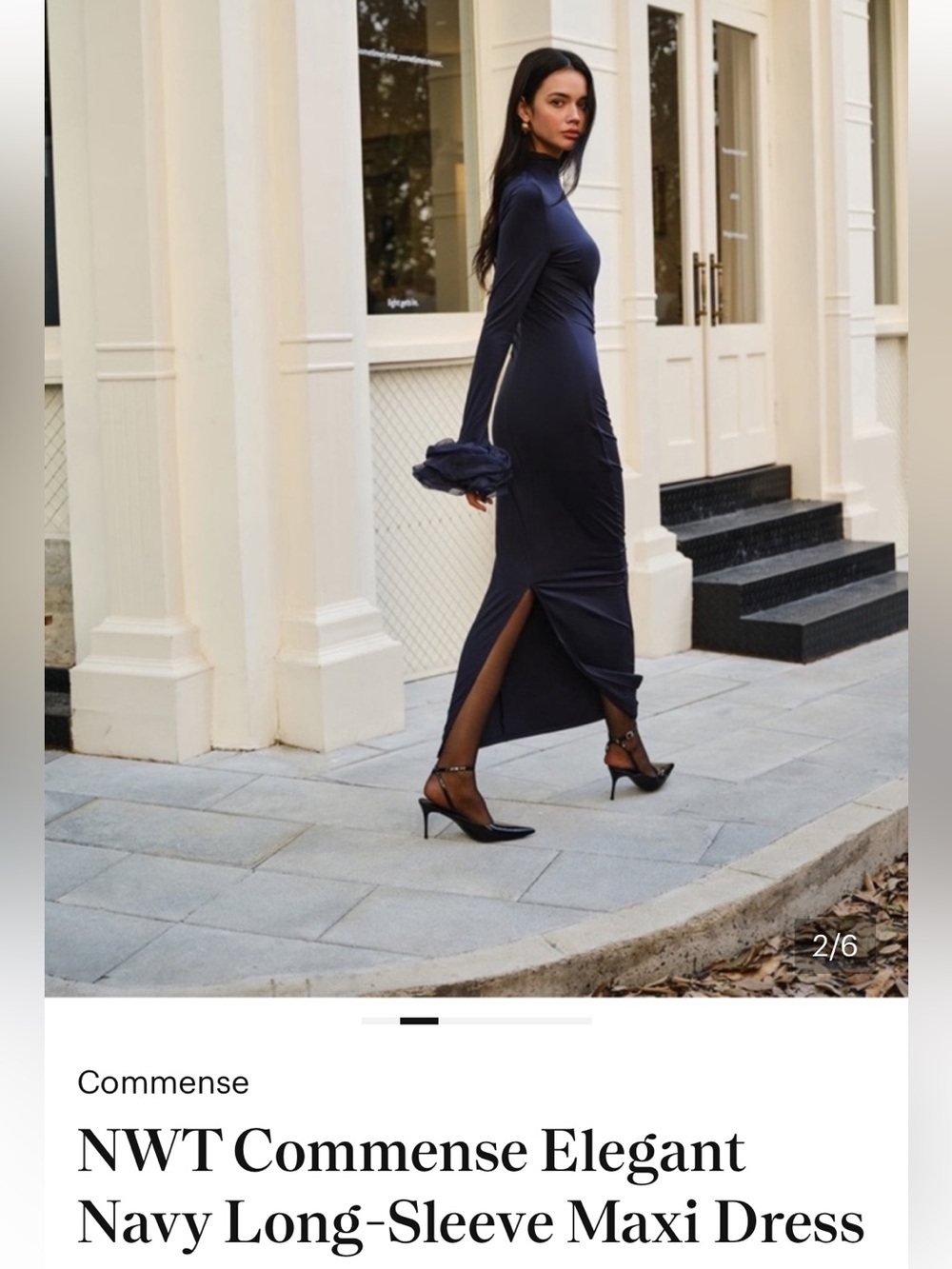 Commense Navy Long-Sleeve Side-Slit Maxi Dress